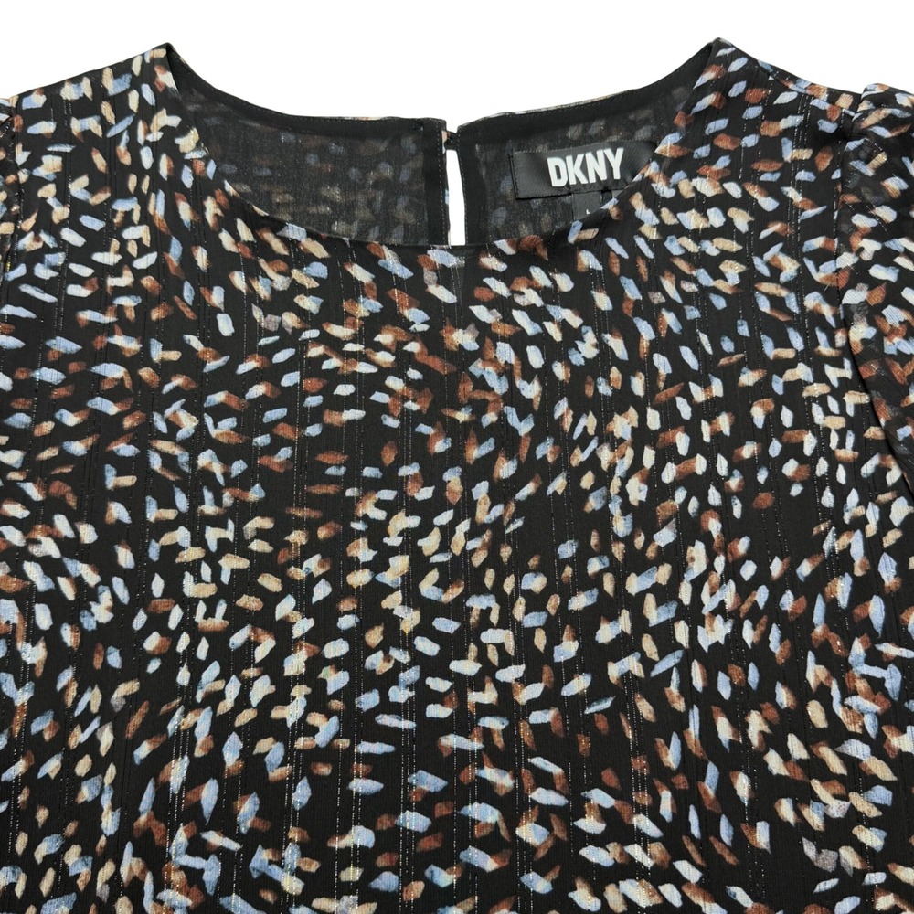 DKNY Womens Size Large Multicolor Blouse Metallic Print Short Sleeve‎ Top